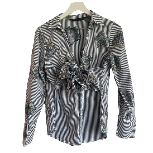 NEW Zara Striped & Floral Front Knot Shirt, Size M - Picture 4 of 9